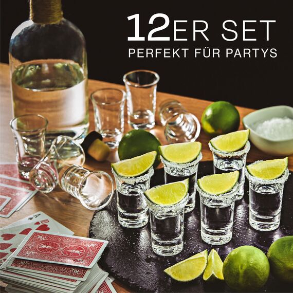 Praknu 12 Schnapsgläser aus Glas 4cl - Spülmaschinenfest - Standfest dank dickem Boden - Shotgläser für jede Party