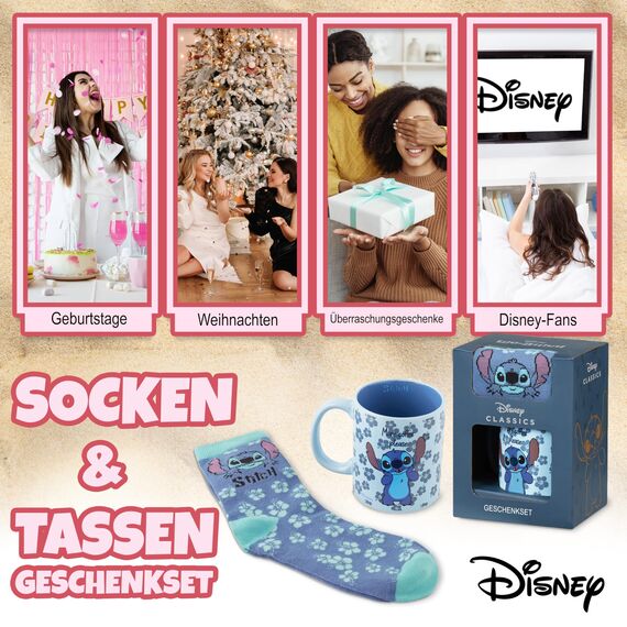 Disney Tasse und Socken Damen Set Stitch Geschenk Set (Blau Stitch)