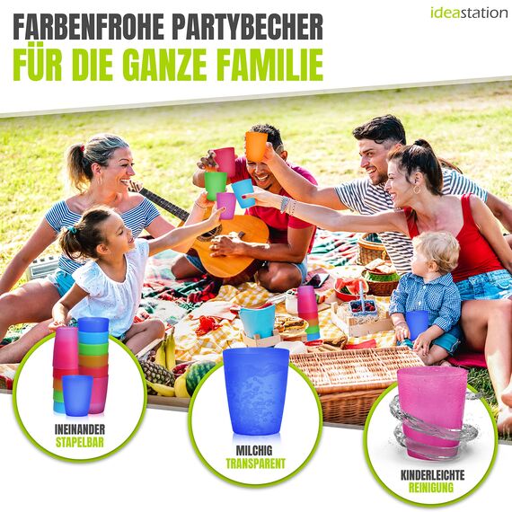 idea-station NEO Plastikbecher 30 x 250 ml - bunt - bruchsichere Trinkbecher Kinder - wiederverwendbare Becher aus Plastik - perfekt für Party, Outdoor, Camping