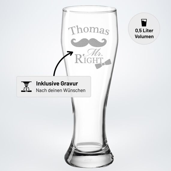 Weizenglas mit Gravur - Bierkenner 2.0 - Personalisiert mit Namen - Geschenk für Männer auch als Vatertagsgeschenk 0,5l Bierglas Weizenbierglas als Geburtstagsgeschenk für Mann Motiv Mr. Right