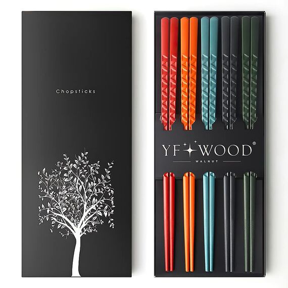 5 Paar Fiberglas-Essstäbchen, Premium-Japanische Wiederverwendbare Mit Muster, Geschenk-Set für Sushi, Asiatische Gerichte, Spülmaschinenfest (5 Farben)