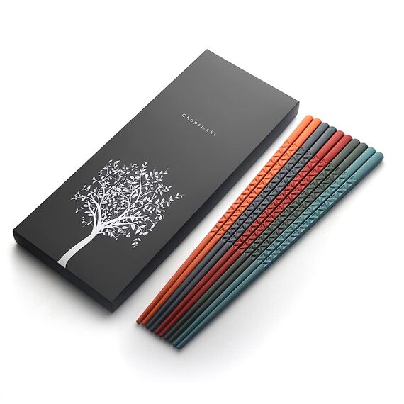 5 Paar Fiberglas-Essstäbchen, Premium-Japanische Wiederverwendbare Mit Muster, Geschenk-Set für Sushi, Asiatische Gerichte, Spülmaschinenfest (5 Farben)