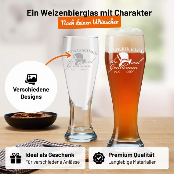 Bierglas mit Gravur Weizenbierglas 0,5l - Geschenke für Männer - personalisierte Weizenglas - Geschenkidee Vatertagsgeschenk für Männer - Das Geschenk zum Vatertag - Motiv Real Gentleman