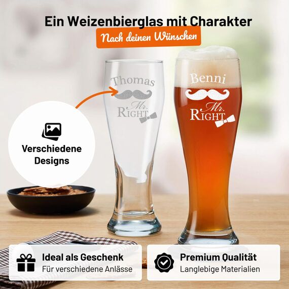 Weizenglas mit Gravur - Bierkenner 2.0 - Personalisiert mit Namen - Geschenk für Männer auch als Vatertagsgeschenk 0,5l Bierglas Weizenbierglas als Geburtstagsgeschenk für Mann Motiv Mr. Right