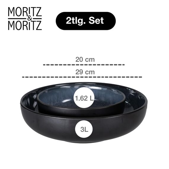 Moritz & Moritz VIDA Servierschalen Set Blau - 2x Große Schalen aus hochwertigem Porzellan, Modern & Zeitlos, Mikrowellen- & Spülmaschinengeeignet - Perfekt für Salate, Pasta, Snacks & mehr