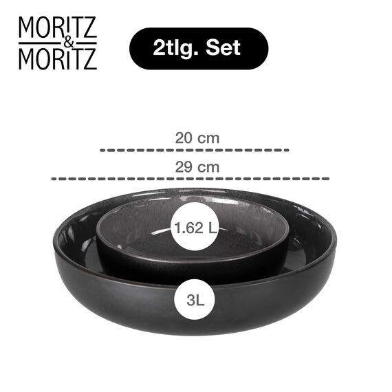 Moritz & Moritz VIDA Servierschalen Set Anthrazit - 2x Große Schalen aus hochwertigem Porzellan, Modern & Zeitlos, Mikrowellen- & Spülmaschinengeeignet - Perfekt für Salate, Pasta, Snacks & mehr