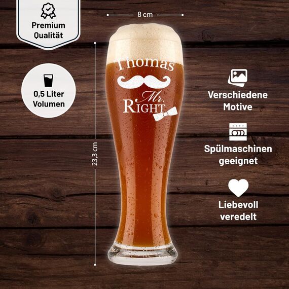 Weizenglas mit Gravur - Bierkenner 2.0 - Personalisiert mit Namen - Geschenk für Männer auch als Vatertagsgeschenk 0,5l Bierglas Weizenbierglas als Geburtstagsgeschenk für Mann Motiv Mr. Right
