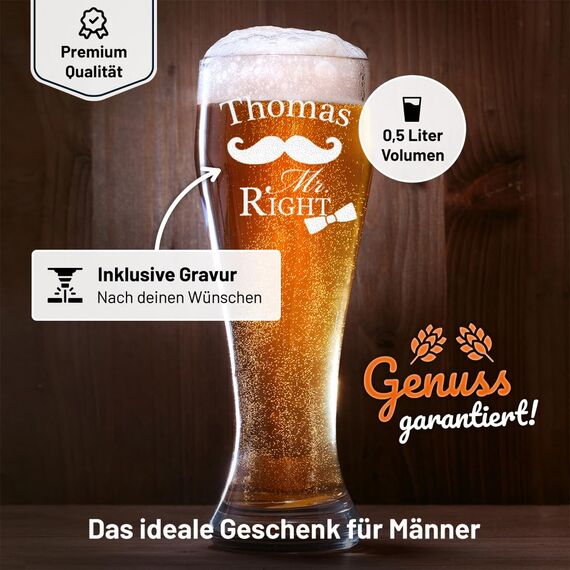 Weizenglas mit Gravur - Bierkenner 2.0 - Personalisiert mit Namen - Geschenk für Männer auch als Vatertagsgeschenk 0,5l Bierglas Weizenbierglas als Geburtstagsgeschenk für Mann Motiv Mr. Right