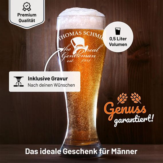 Bierglas mit Gravur Weizenbierglas 0,5l - Geschenke für Männer - personalisierte Weizenglas - Geschenkidee Vatertagsgeschenk für Männer - Das Geschenk zum Vatertag - Motiv Real Gentleman