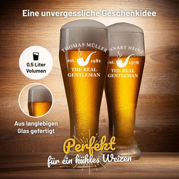 polar-effekt Bierglas mit Gravur Weizenbierglas 0,5l - Geschenke für Männer - personalisierte Weizenglas - Geschenkidee Vatertagsgeschenk für Mann Real Gentleman