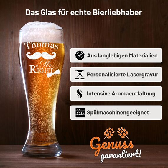 Weizenglas mit Gravur - Bierkenner 2.0 - Personalisiert mit Namen - Geschenk für Männer auch als Vatertagsgeschenk 0,5l Bierglas Weizenbierglas als Geburtstagsgeschenk für Mann Motiv Mr. Right
