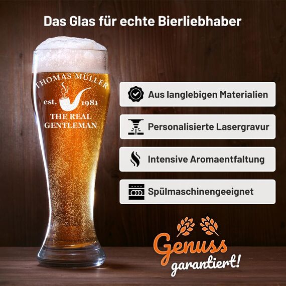 polar-effekt Bierglas mit Gravur Weizenbierglas 0,5l - Geschenke für Männer - personalisierte Weizenglas - Geschenkidee Vatertagsgeschenk für Mann Real Gentleman