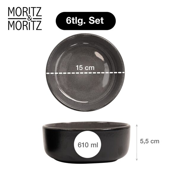 Moritz & Moritz VIDA 6x Müslischalen Anthrazit - Stylisches und robustes Schalen Set aus Porzellan für Müsli, Suppen & Salate - Spülmaschinenfest, mikrowellengeeignet, ideal für den täglichen Gebrauch