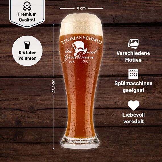 Bierglas mit Gravur Weizenbierglas 0,5l - Geschenke für Männer - personalisierte Weizenglas - Geschenkidee Vatertagsgeschenk für Männer - Das Geschenk zum Vatertag - Motiv Real Gentleman