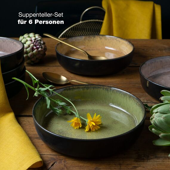 Moritz & Moritz VIDA 6er Suppen Teller Set Gelb-Grün-Rosa - Suppenteller für 6 Personen - Porzellan spülmaschinen- und mikrowellengeeignet