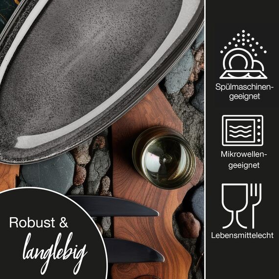 Moritz & Moritz VIDA Servierteller Set Anthrazit - 2x Große Teller aus hochwertigem Porzellan, Modern & Zeitlos, Mikrowellen- & Spülmaschinengeeignet - Perfekt für Salate, Grillfleisch, Snacks & mehr