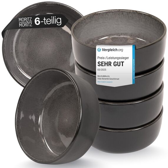 Moritz & Moritz VIDA 6x Müslischalen Anthrazit - Stylisches und robustes Schalen Set aus Porzellan für Müsli, Suppen & Salate - Spülmaschinenfest, mikrowellengeeignet, ideal für den täglichen Gebrauch