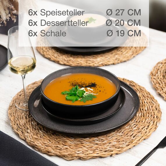 Moritz & Moritz VIDA Geschirrset 6 Personen Anthrazit 18-tlg. - Modernes Porzellan Geschirr Set - Kratz-, Mikrowellen- & Spülmaschinenfest, Essgeschirr, Tafelservice, Kombiservice 6 Personen