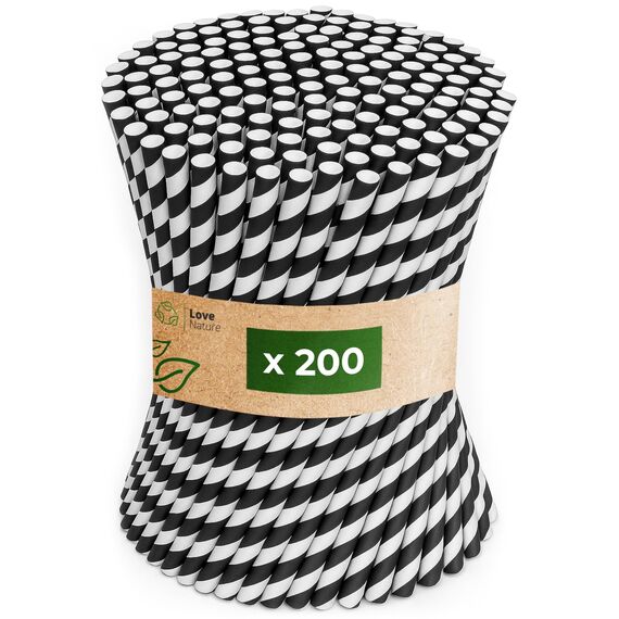 Love Nature Strohhalme Papier - Papierstrohhalme 200 Stück - Trinkhalme Papier Recycling - Schwarz Weiß - Paper Straws - Strohhalm Einweg