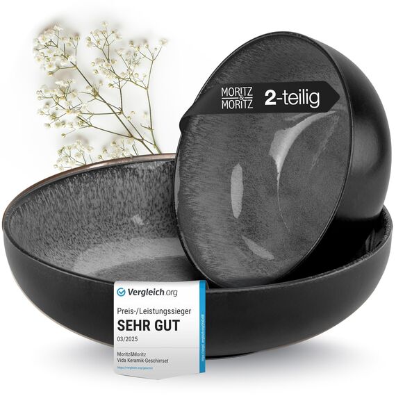 Moritz & Moritz VIDA Servierschalen Set Anthrazit - 2x Große Schalen aus hochwertigem Porzellan, Modern & Zeitlos, Mikrowellen- & Spülmaschinengeeignet - Perfekt für Salate, Pasta, Snacks & mehr