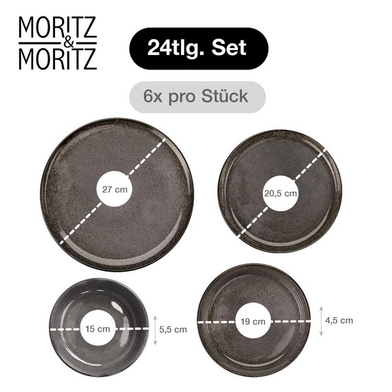 Moritz & Moritz VIDA Geschirrset 6 Personen Anthrazit 24-tlg. - Modernes Porzellan Geschirr Set - Kratz-, Mikrowellen- & Spülmaschinenfest, Essgeschirr, Tafelservice, Kombiservice 6 Personen