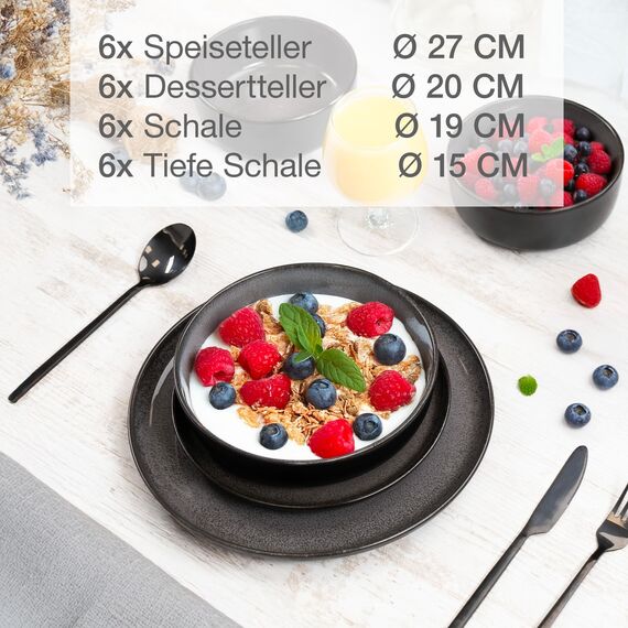 Moritz & Moritz VIDA Geschirrset 6 Personen Anthrazit 24-tlg. - Modernes Porzellan Geschirr Set - Kratz-, Mikrowellen- & Spülmaschinenfest, Essgeschirr, Tafelservice, Kombiservice 6 Personen