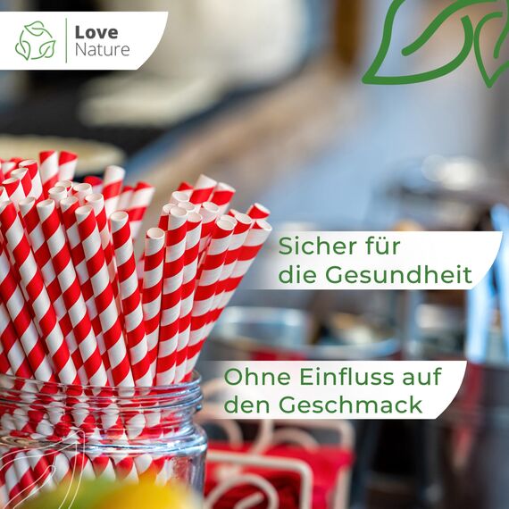 Love Nature Strohhalme Papier - Papierstrohhalme 100 Stück - Trinkhalme Papier Recycling Rot Weiß