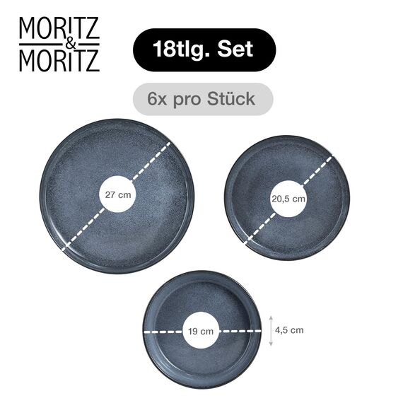 Moritz & Moritz VIDA Geschirrset 6 Personen Blau 18-tlg. - Modernes Porzellan Geschirr Set - Kratz-, Mikrowellen- & Spülmaschinenfest, Essgeschirr, Tafelservice, Kombiservice 6 Personen