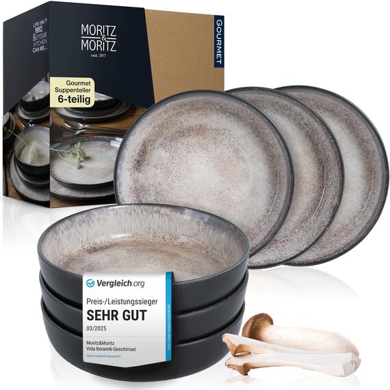 Moritz & Moritz VIDA 6er Suppen Teller Set Beige - Bowl Schüssel für 6 Personen - Porzellan spülmaschinen- und mikrowellengeeignet