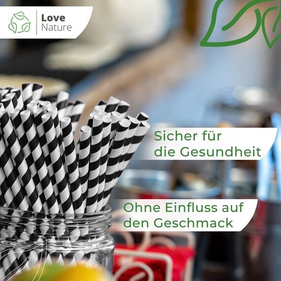 Love Nature Strohhalme Papier - Papierstrohhalme 100 Stück - Trinkhalme Papier Recycling Schwarz Weiß