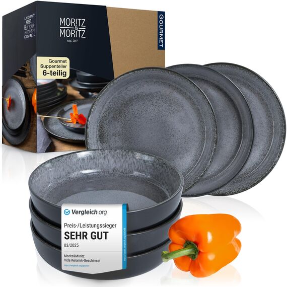 Moritz & Moritz VIDA 6er Suppen Teller Set Anthrazit- Suppenteller für 6 Personen - Porzellan spülmaschinen- und mikrowellengeeignet