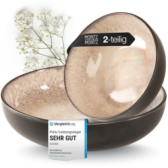 Moritz & Moritz VIDA Servierschalen Set Beige - 2x Große Schalen aus hochwertigem Porzellan, Modern & Zeitlos, Mikrowellen- & Spülmaschinengeeignet - Perfekt für Salate, Pasta, Snacks & mehr