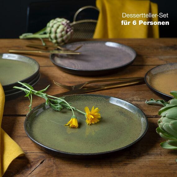 Moritz & Moritz VIDA 6er Dessertteller Set Vintage (Rot, Gelb, Grün) - Stylische Porzellan Frühstücksteller, Kuchenteller für 6 Personen - Spülmaschinen- und Mikrowellengeeignet