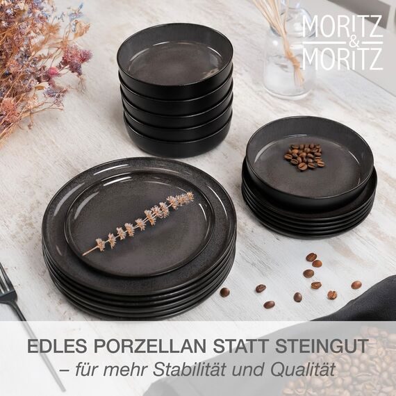 Moritz & Moritz VIDA Geschirrset 12 Personen Anthrazit 48-tlg. - Modernes Porzellan Geschirr Set - Kratz-, Mikrowellen- & Spülmaschinenfest, Essgeschirr, Tafelservice, Kombiservice 12 Personen