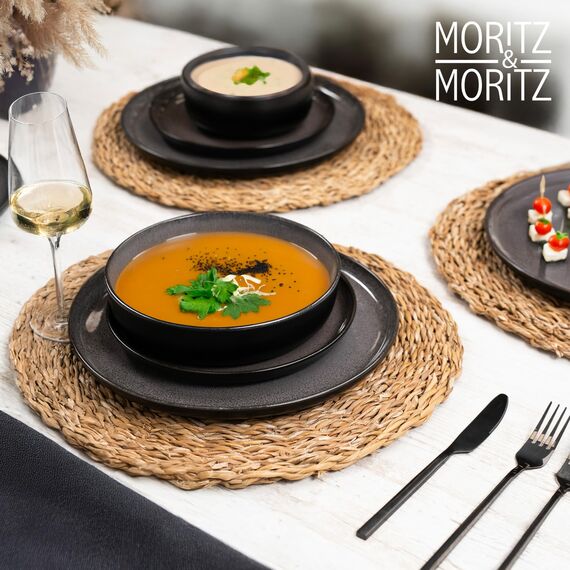 Moritz & Moritz VIDA Geschirrset 6 Personen Anthrazit 24-tlg. - Modernes Porzellan Geschirr Set - Kratz-, Mikrowellen- & Spülmaschinenfest, Essgeschirr, Tafelservice, Kombiservice 6 Personen