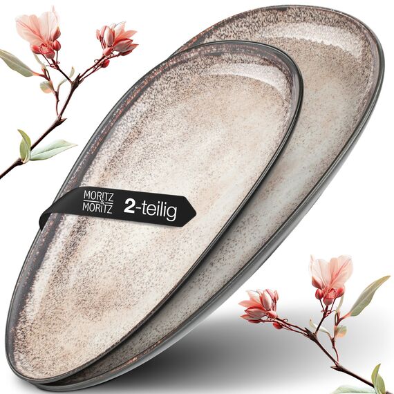 Moritz & Moritz VIDA Servierteller Set Beige - 2x Große Teller aus hochwertigem Porzellan, Modern & Zeitlos, Mikrowellen- & Spülmaschinengeeignet - Perfekt für Salate, Grillfleisch, Snacks & mehr