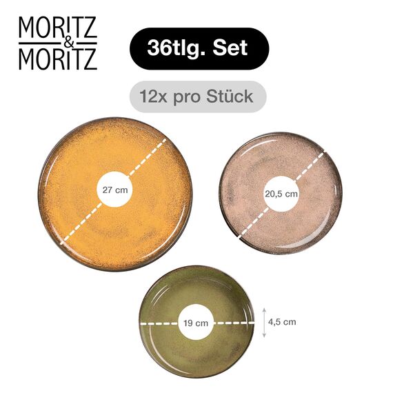 Moritz & Moritz VIDA Geschirrset 12 Personen Vintage 36-tlg. - Modernes Porzellan Geschirr Set - Kratz-, Mikrowellen- & Spülmaschinenfest, Essgeschirr, Tafelservice, Kombiservice 12 Personen