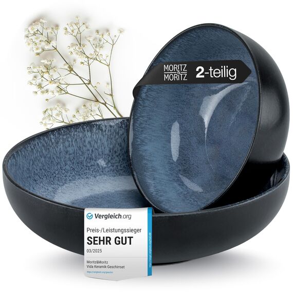 Moritz & Moritz VIDA Servierschalen Set Blau - 2x Große Schalen aus hochwertigem Porzellan, Modern & Zeitlos, Mikrowellen- & Spülmaschinengeeignet - Perfekt für Salate, Pasta, Snacks & mehr
