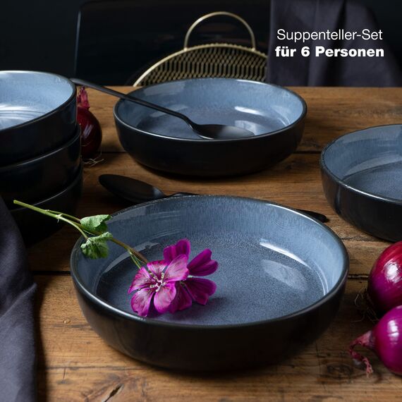 Moritz & Moritz VIDA 6er Suppen Teller Set Blau - Suppenteller für 6 Personen - Porzellan spülmaschinen- und mikrowellengeeignet