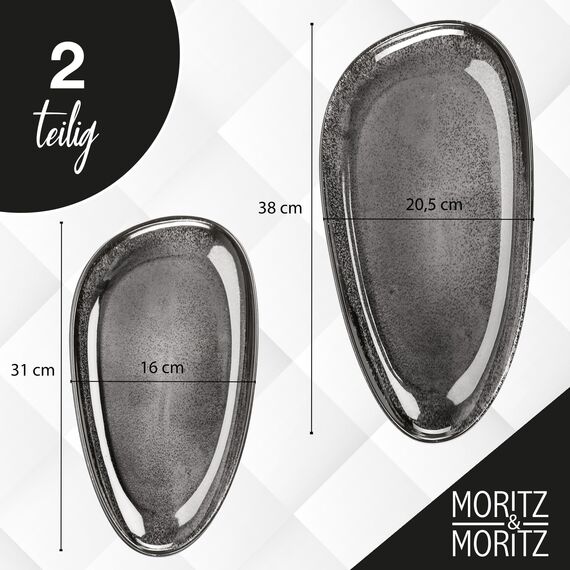 Moritz & Moritz VIDA Servierteller Set Anthrazit - 2x Große Teller aus hochwertigem Porzellan, Modern & Zeitlos, Mikrowellen- & Spülmaschinengeeignet - Perfekt für Salate, Grillfleisch, Snacks & mehr