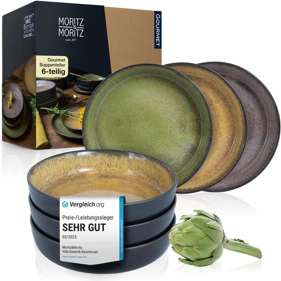 Moritz & Moritz VIDA 6er Suppen Teller Set Gelb-Grün-Rosa - Suppenteller für 6 Personen - Porzellan spülmaschinen- und mikrowellengeeignet