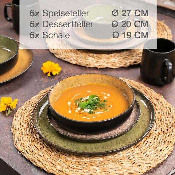 Moritz & Moritz VIDA Geschirrset 6 Personen Vintage 18-tlg. - Modernes Porzellan Geschirr Set - Kratz-, Mikrowellen- & Spülmaschinenfest, Essgeschirr, Tafelservice, Kombiservice 6 Personen