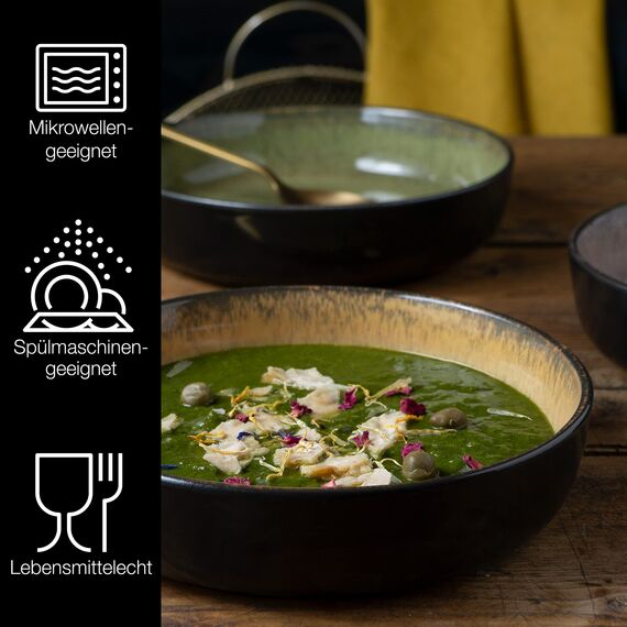 Moritz & Moritz VIDA 6er Suppen Teller Set Gelb-Grün-Rosa - Suppenteller für 6 Personen - Porzellan spülmaschinen- und mikrowellengeeignet