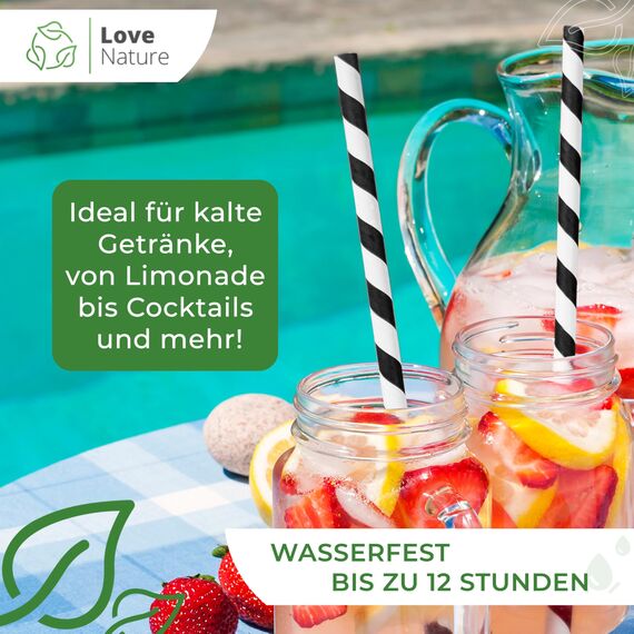 Love Nature Strohhalme Papier - Papierstrohhalme 100 Stück - Trinkhalme Papier Recycling Schwarz Weiß