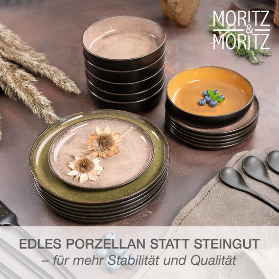 Moritz & Moritz VIDA Geschirrset 6 Personen Vintage 18-tlg. - Modernes Porzellan Geschirr Set - Kratz-, Mikrowellen- & Spülmaschinenfest, Essgeschirr, Tafelservice, Kombiservice 6 Personen