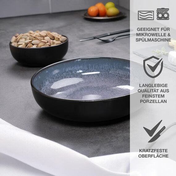 Moritz & Moritz VIDA Servierschalen Set Blau - 2x Große Schalen aus hochwertigem Porzellan, Modern & Zeitlos, Mikrowellen- & Spülmaschinengeeignet - Perfekt für Salate, Pasta, Snacks & mehr
