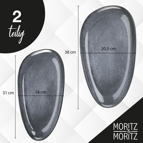 Moritz & Moritz VIDA Servierteller Set Blau - 2x Große Teller aus hochwertigem Porzellan, Modern & Zeitlos, Mikrowellen- & Spülmaschinengeeignet - Perfekt für Salate, Grillfleisch, Snacks & mehr
