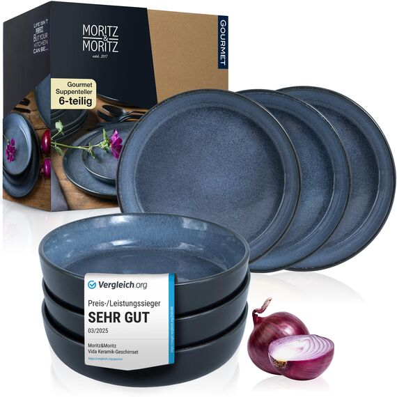Moritz & Moritz VIDA 6er Suppen Teller Set Blau - Suppenteller für 6 Personen - Porzellan spülmaschinen- und mikrowellengeeignet