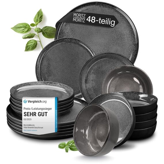 Moritz & Moritz VIDA Geschirrset 12 Personen Anthrazit 48-tlg. - Modernes Porzellan Geschirr Set - Kratz-, Mikrowellen- & Spülmaschinenfest, Essgeschirr, Tafelservice, Kombiservice 12 Personen