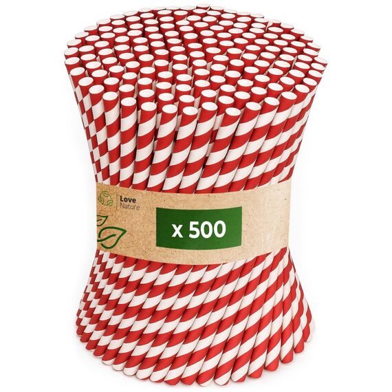 Love Nature Strohhalme Papier - Papierstrohhalme 500 Stück - Trinkhalme Papier Recycling - Rot Weiß - Paper Straws - Strohhalm Einweg